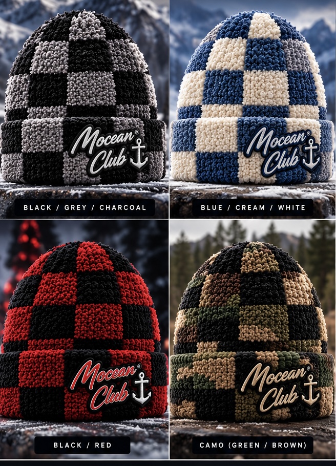 Mocean Club checker beanies in blue, black, red, and camo colorways