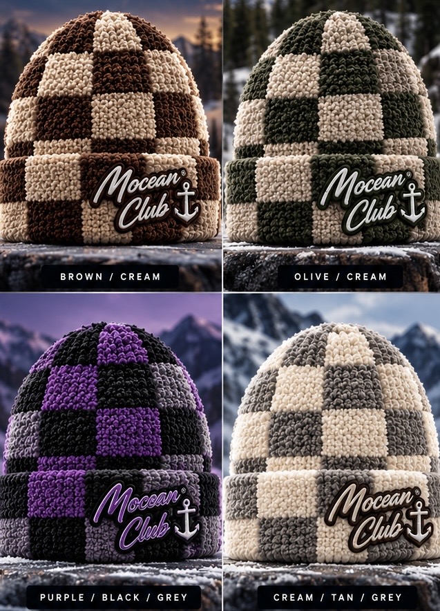 Mocean Club checker beanies in brown, olive, purple, and cream colorways