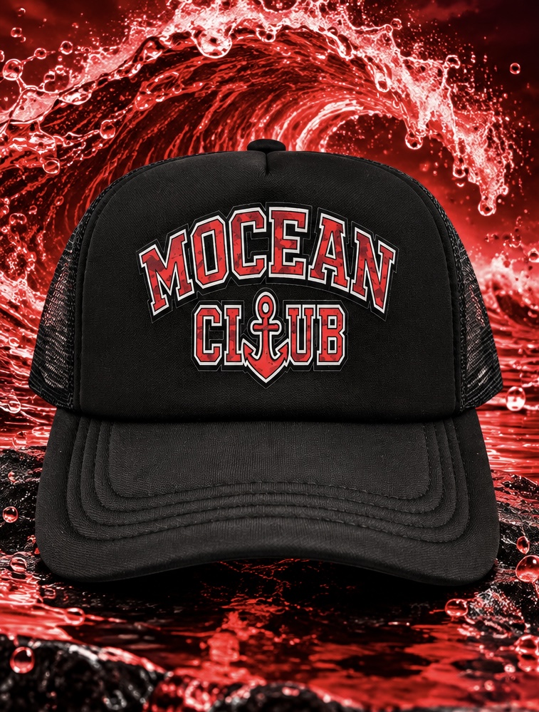 Crimson red and black Mocean Club trucker hat