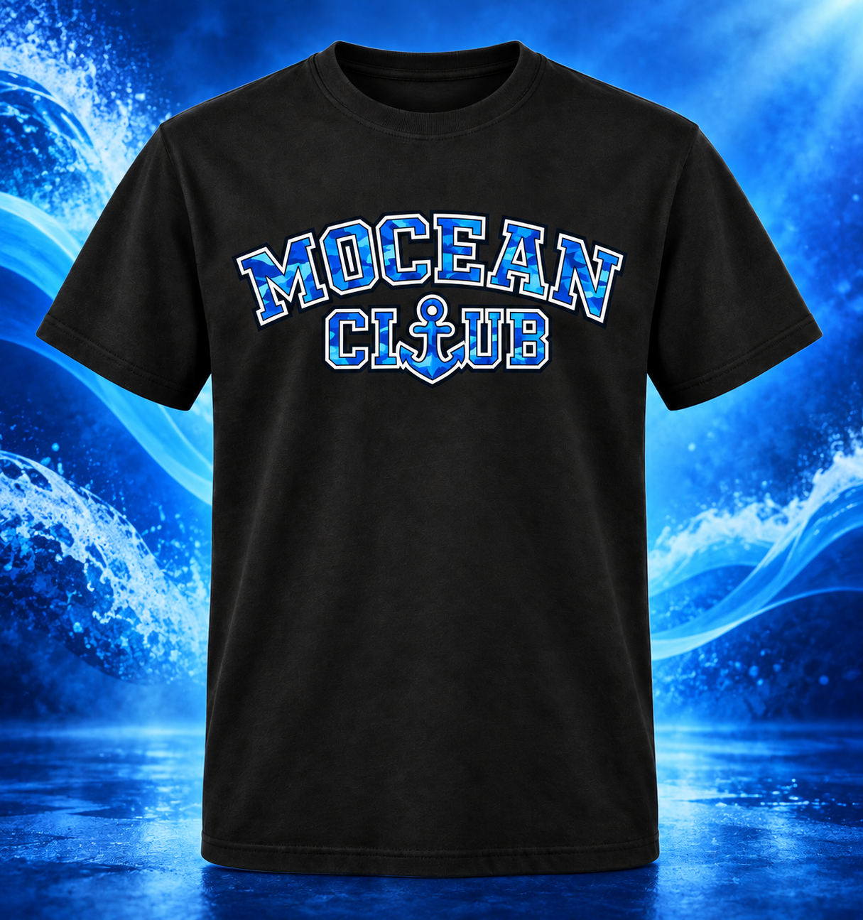 Black Mocean Club T-shirt with blue varsity logo on a blue wave background