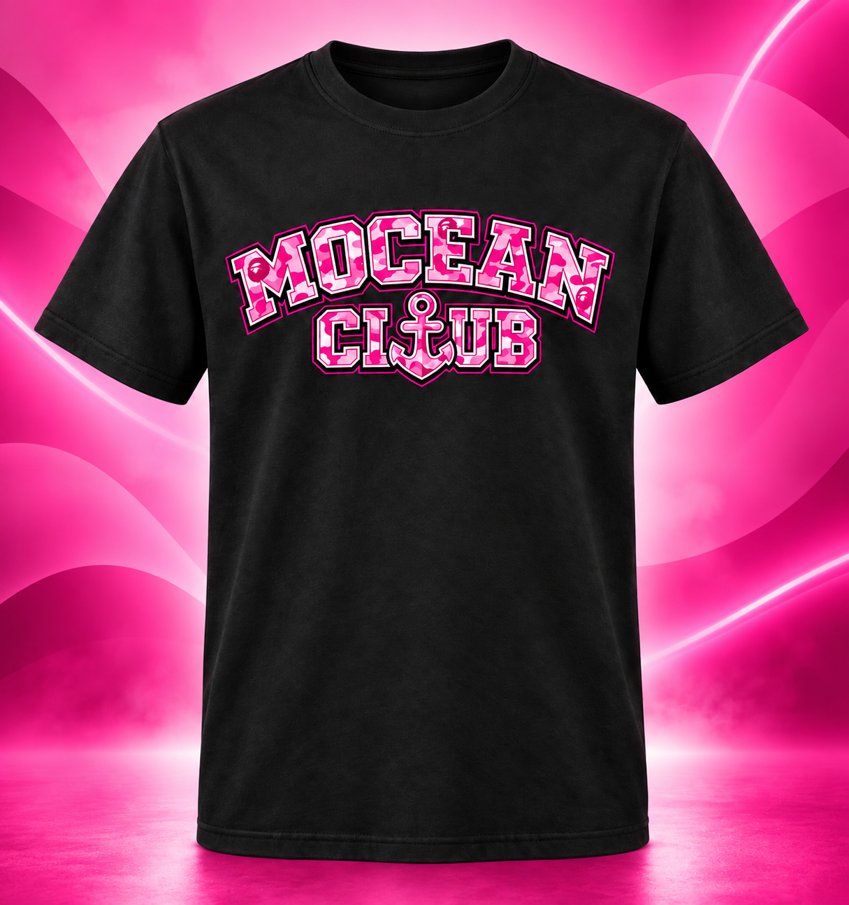 Black Mocean Club T-shirt with pink varsity logo on a pink background