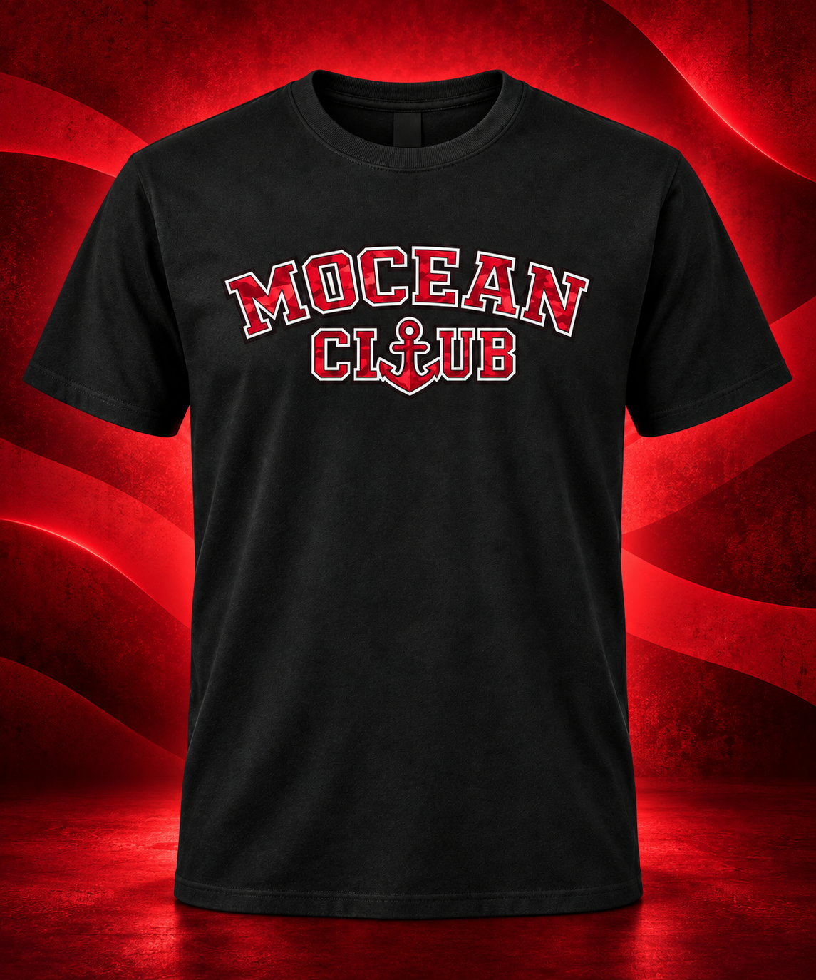Black Mocean Club T-shirt with red varsity logo on a red background
